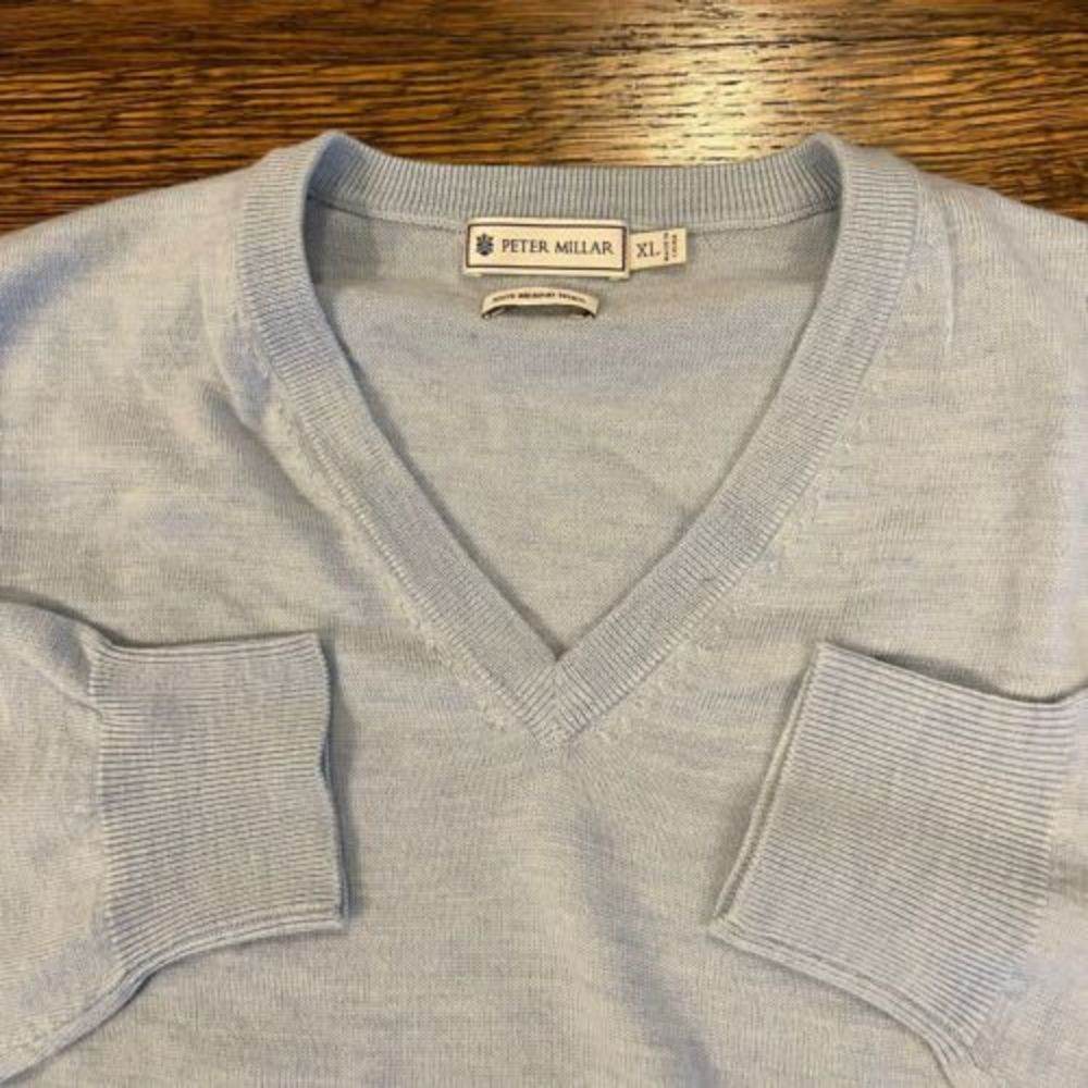 Peter Millar V Neck Sweater‎ Pullover XL Blue 100% Merino Wool PGA Crooked Stick